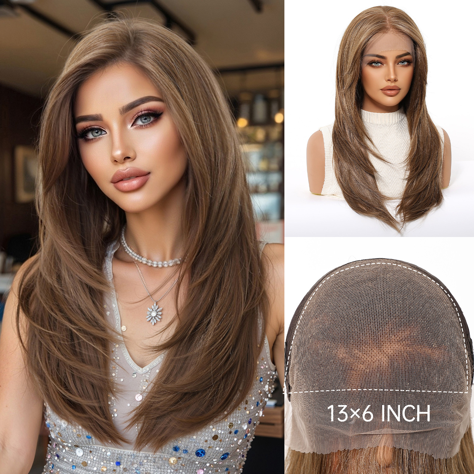 Peruca 13 * 6 gran área de encaje cubierta de cabeza marrón oscuro cabello largo medio cualquier costura exclusiva a través de la frontera