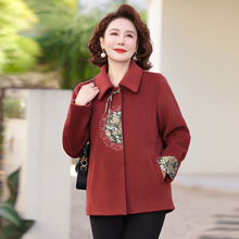批发妈妈春装新款翻领刺绣毛呢外套中年女装气质优雅红色短款上衣