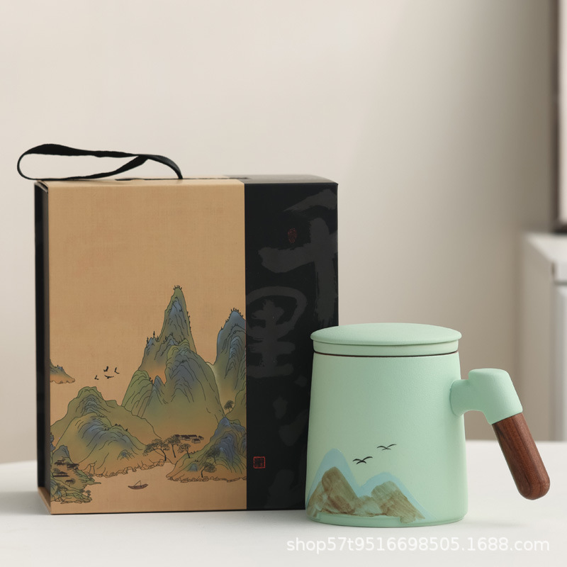 Taza de cerámica Jiangshan set de regalo de taza de marca de filtro de taza de agua de negocios de talla LOGO publicidad al por mayor