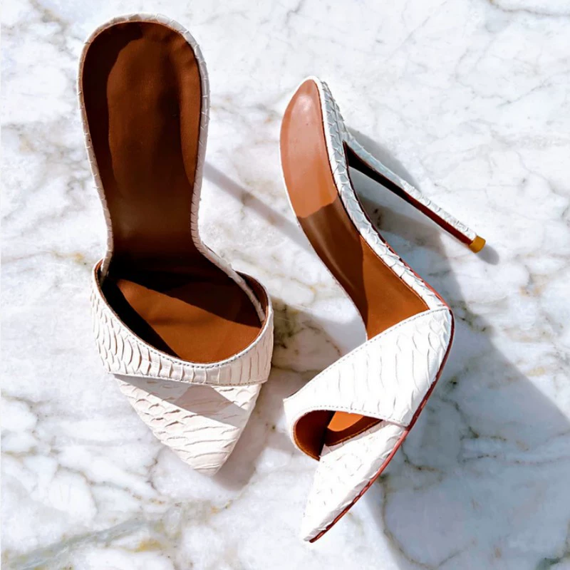 Cross -border metal head fashion sandals, pointed white snake pattern, fine heel women's shoes high heels Sandals hee