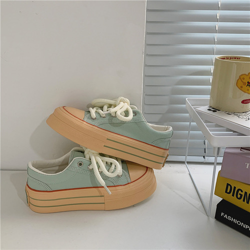 Student thick-soled low-cut mint green canvas shoes for women  Korean version sports and leisure all-match white shoes breathable women's shoes