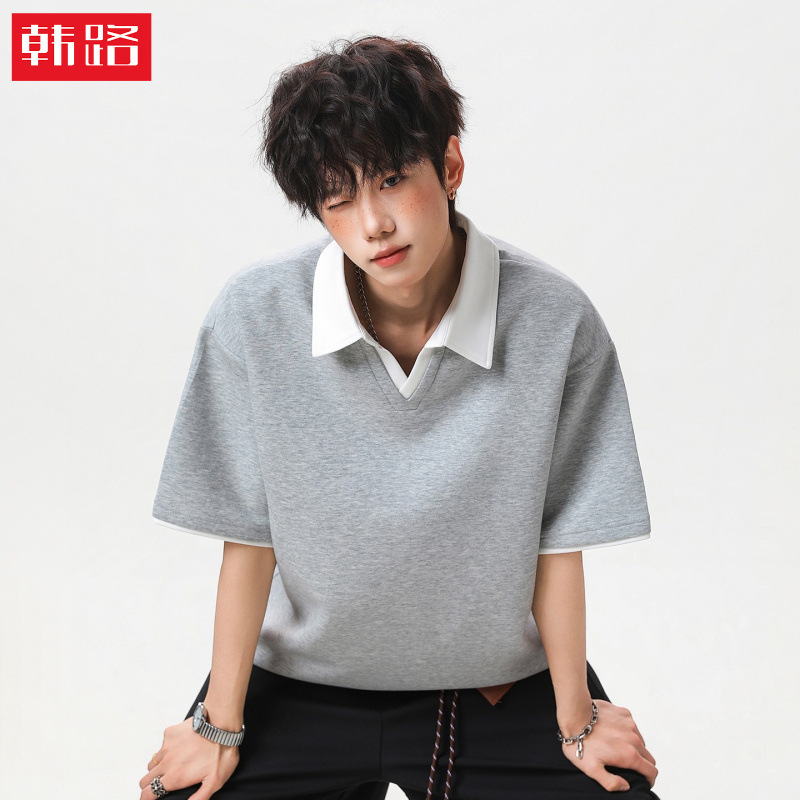 Color-Blocking Patchwork Faux Two-Piece Seagull Collar Polo Shirt for Men, Summer Retro Simple Mature Casual Style Short-Sleeve T-Shirt Color-Blocking Patchwork Faux Two-Piece Seagull Collar Polo Shirt for Men, Summer Retro Simple Mature Casual Style Short-Sleeve T-Shirt