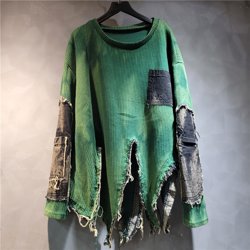 Personalidad de empalme irregular suéter retro hacer viejos atados teñidos de manga larga moda suéter de punto para mujeres otoño invierno