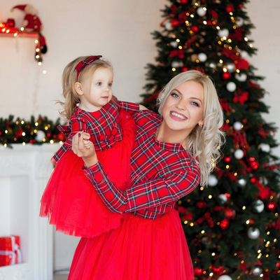 Christmas parent-child red plaid dress xmas party red lattice mesh stitching parent-child European and American stage performance parent-child wear