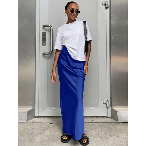 2025 Spring/Summer New Satin Ice Silk Skirt European and American Style Casual Cross-border Skirt Long Black Bodycon Skirt for Women