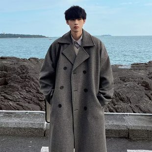 High-End Woolen Mid-Length Autumn and Winter Woolen Outwear for Men, Korean Style Trendyy Windbreaker, Hong Kong Style Loose Large Size Jacket, Trendy