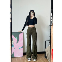 军绿色168高个子低腰显瘦直筒休闲裤拖地裤女多口袋喇叭工装裤