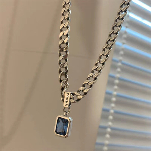 Mysterious Blue Zircon Necklace for Women, Retro Fashion S925 Silver Alphabet Geometric Clasp Necklace, Simple Hip-Hop Sweater Chain