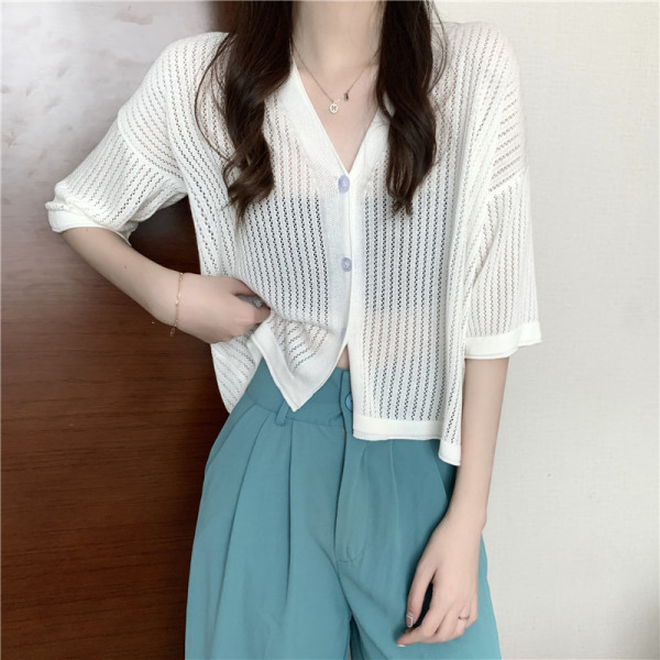 V-Neck Cut Out Cardigan Jacket Women's Thin Knitwear Summer 2021 New Korean Style Versatile Long-Sleeved Sun Protection Top V-Neck Cut Out Cardigan Jacket Women's Thin Knitwear Summer 2021 New Korean Style Versatile Long-Sleeved Sun Protection Top