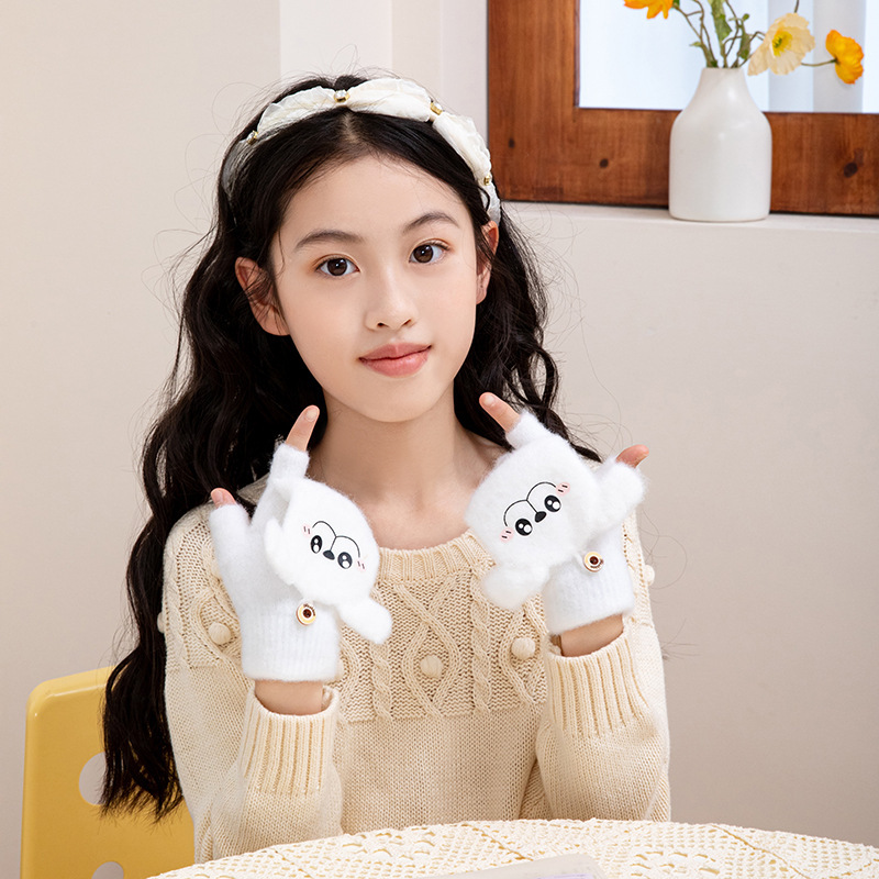 子供の秋冬の保温ジャカードのかわいいアニメの保温学生は字の水晶の毛の線の半分の指を書いて手袋を覆います。|undefined