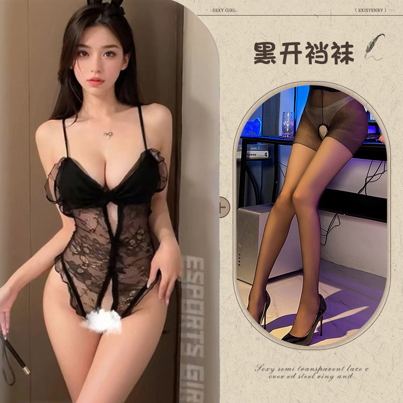 블랙[레이스 오픈 점프수트] + 블랙 오픈 양말