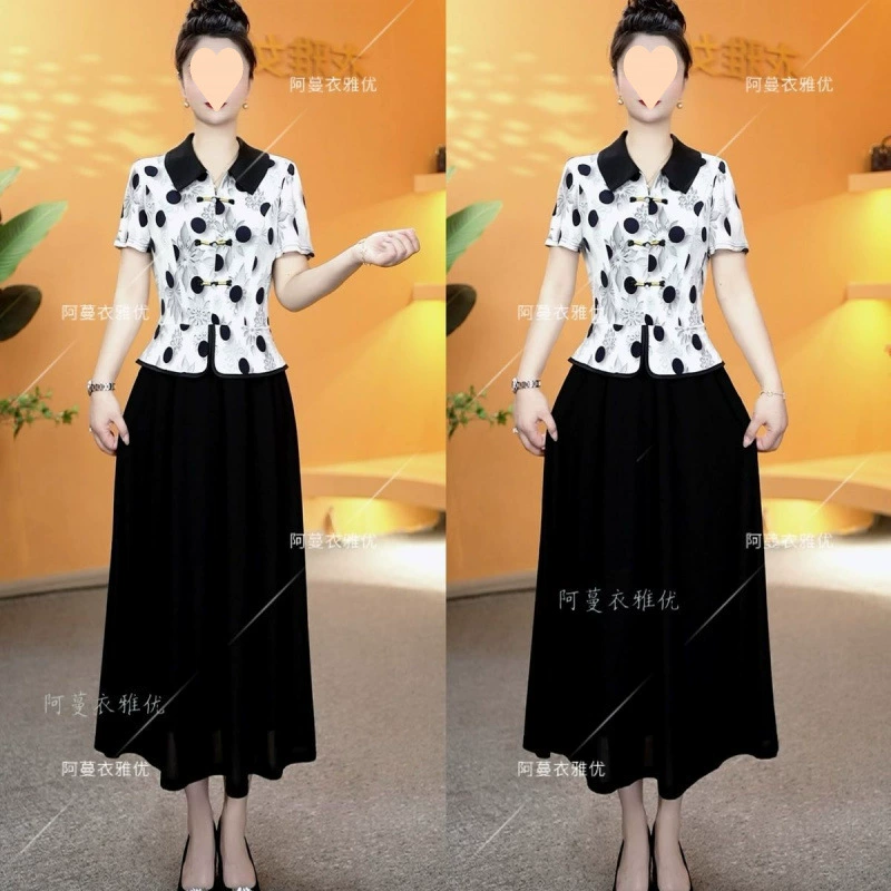 Элегантное платье из шелкового стрейч-сатина для женщин, лето 2025, новый стиль, мамина модель, в горошек, утягивающее, имитация двухслойной юбки