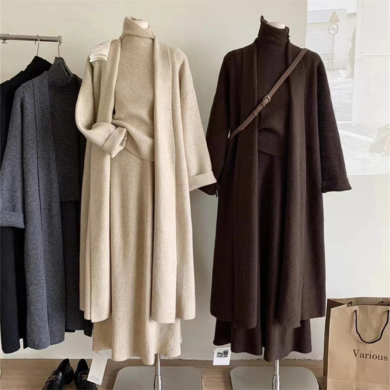 Korean Style Casual Lazy Knitted Sweater suit Women's Autumn and Winter New High Neck Vest Half-length Skirt Three-piece Set Korean Style Casual Lazy Knitted Sweater suit Women's Autumn and Winter New High Neck Vest Half-length Skirt Three-piece Set