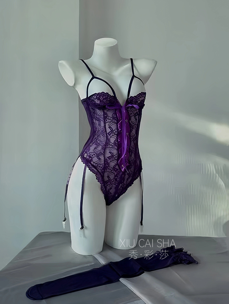 Xiuaisha Lace See-Through Bodysuit with Garters and Red Stockings, Purple-Red Lingerie Set — detail image 19