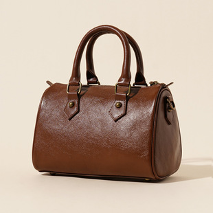 2024 New Top Layer Cowhide Small Boston Women's Bag Retro Texturized Design Pillow Bag Shoulder Crossbody Handbag