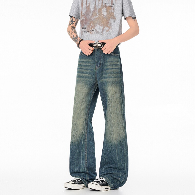 Vintage Blue Lightning-Patterned Jeans for Men, Straight-Leg, Slightly Flared, Washed and Distressed, Boyfriend Style, Designer-Inspired Men's Pants, Xintang Vintage Blue Lightning-Patterned Jeans for Men, Straight-Leg, Slightly Flared, Washed and Distressed, Boyfriend Style, Designer-Inspired Men's Pants, Xintang