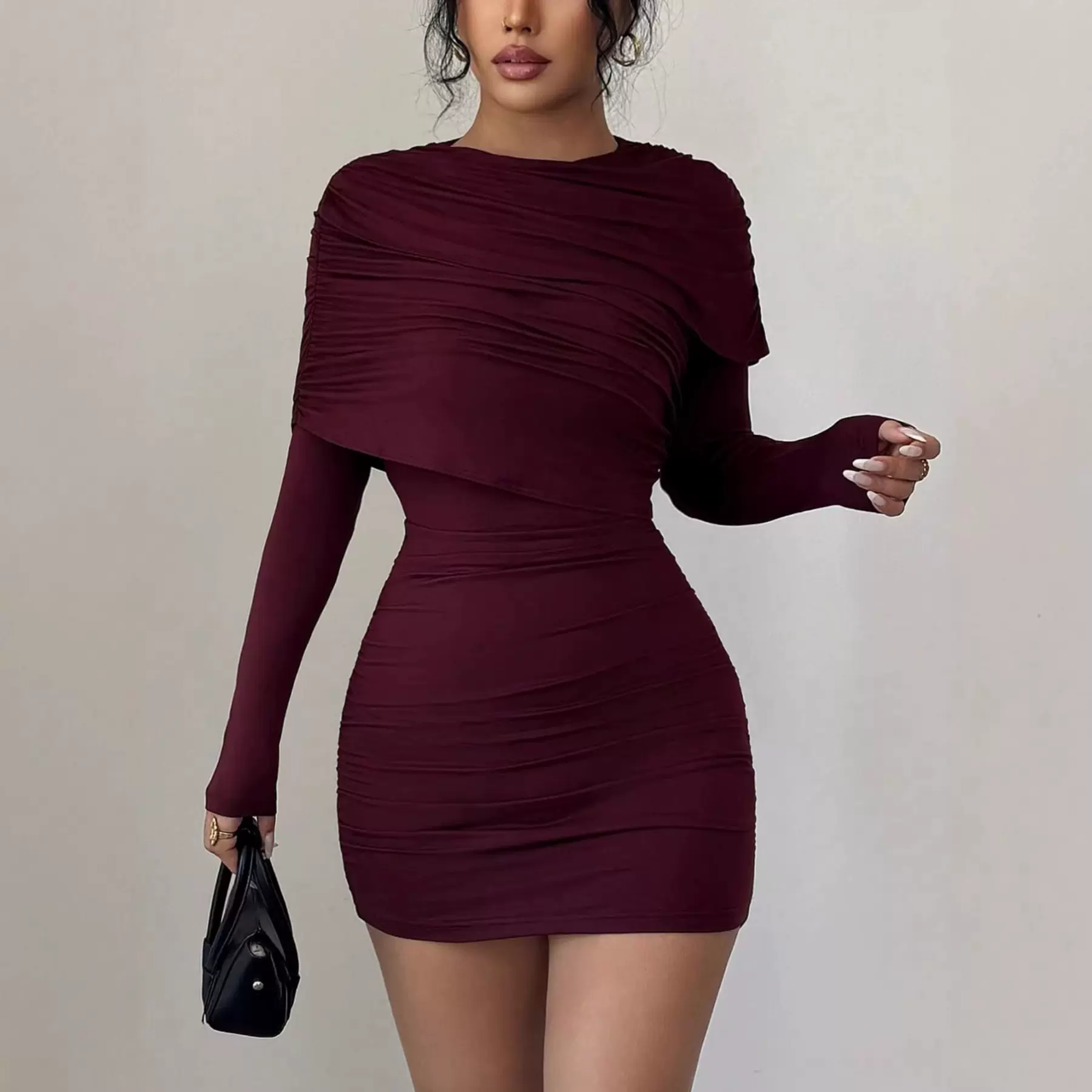 跨境女装春夏新款时尚优雅披肩修身长袖缩褶包臀连衣裙气质连衣裙