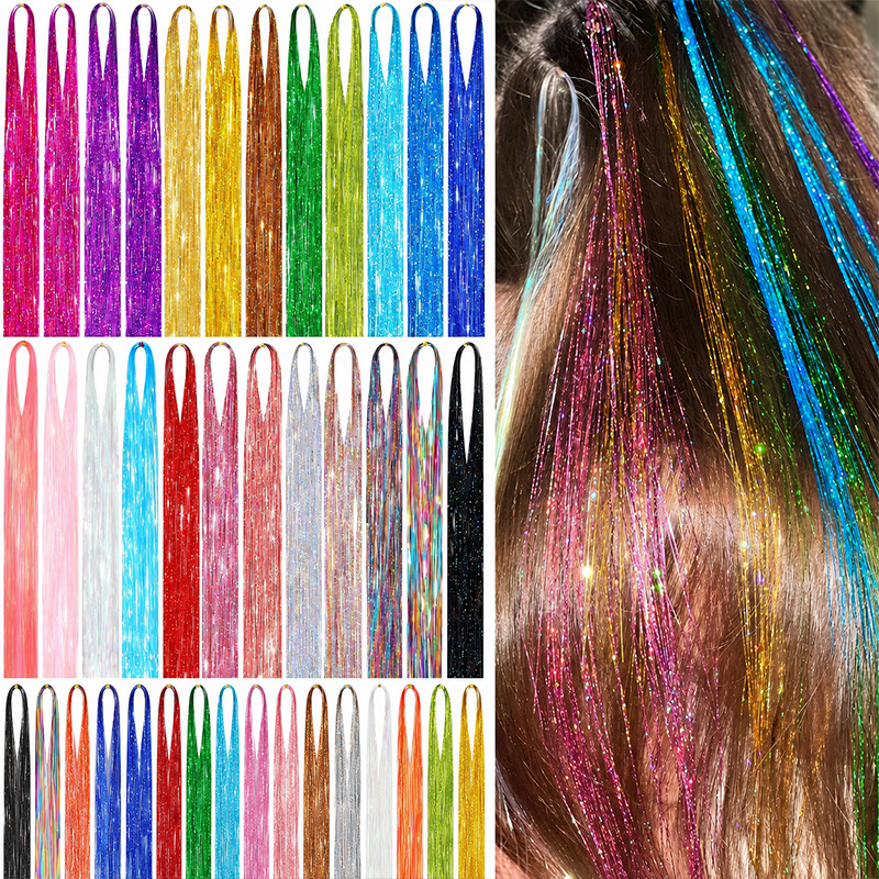Laser brillante extensión de cabello multicolor filamento de cabello fiestas de estilo trenzado decoración de cabello de seda brillante adornos de cabello al por mayor