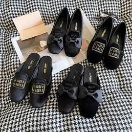 2023新款M家丝绒蝴蝶结平底乐福鞋甜美质感新款懒人鞋一脚蹬单鞋