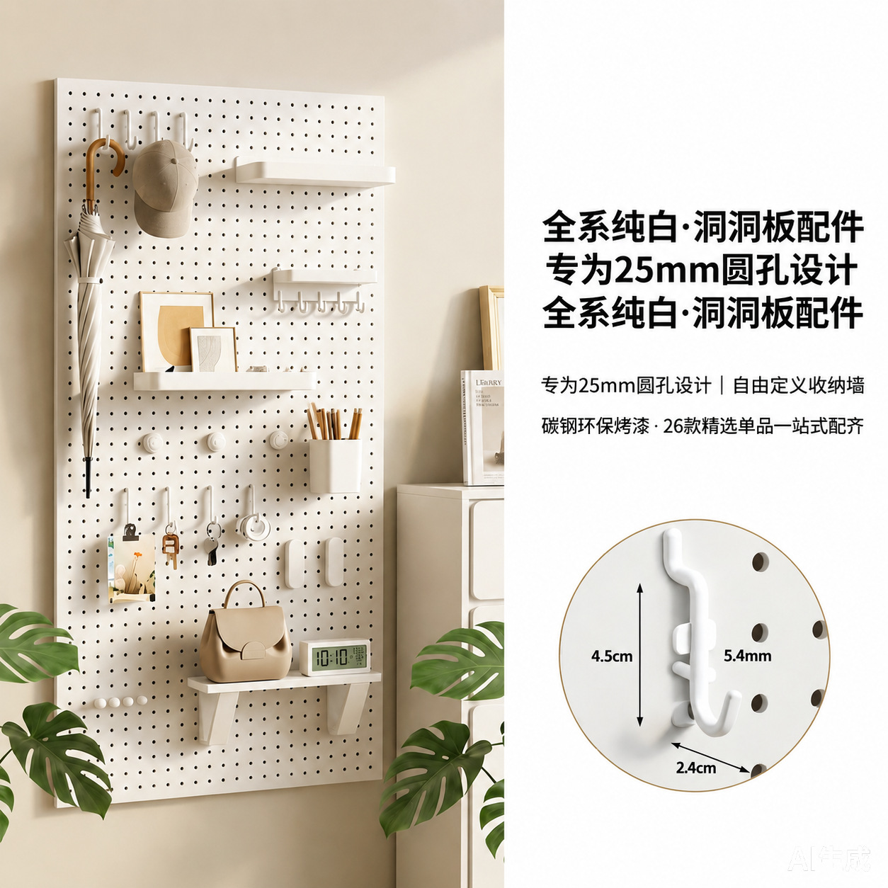 Perforated board accessories with round holes, home wall-mounted bookshelf, storage rack, metal simple desktop organizer, phone stand, hanging basket