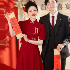 乾杯ドレス花嫁長袖新中国風チャイナドレス赤結婚式婚約ドレスドレス小柄な人ホームカミングドレス