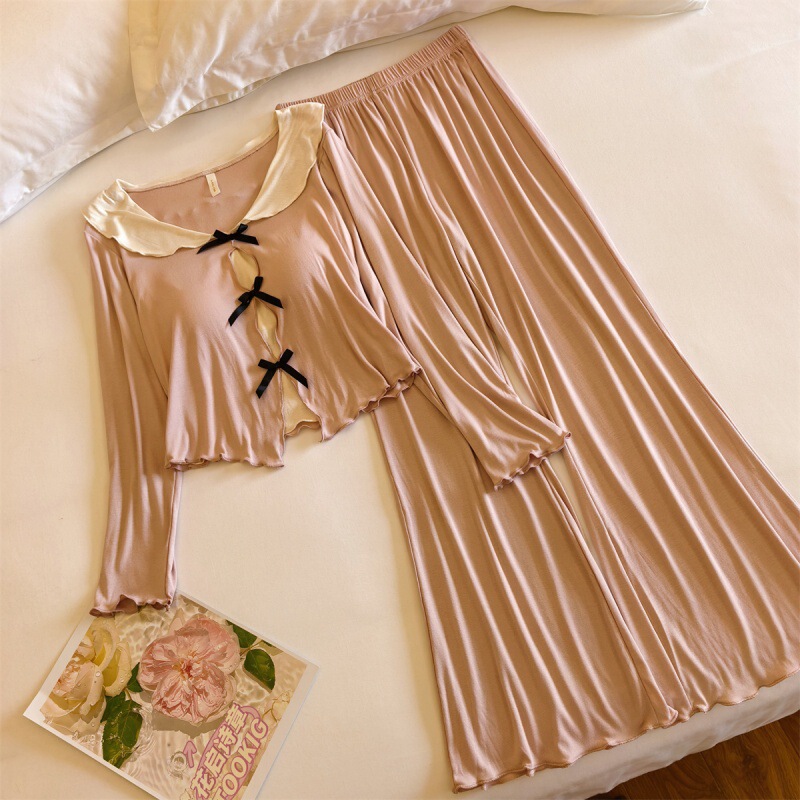 Cross-Border Foreign Trade Spring Pajamas for Women, Autumn and Spring, Micro-Flared Sleeves, Trousers with Chest Pads, Pure Lust Style Modal Rayon Home Clothes