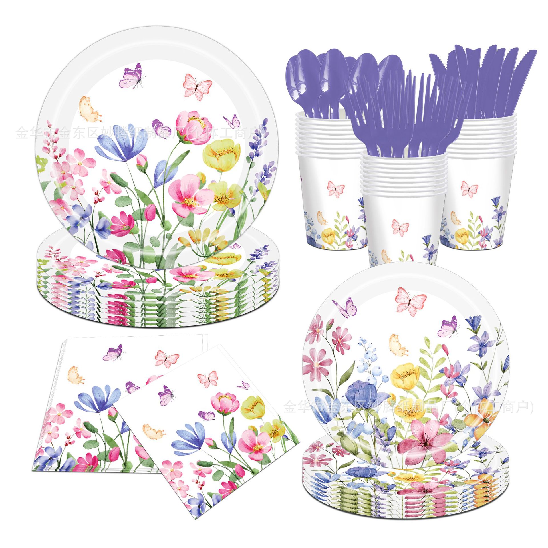 Juego de vajilla desechable transfronterizo Flores de verano Mariposa Hierba Familia Amigos Fiesta Bandeja de papel desechable