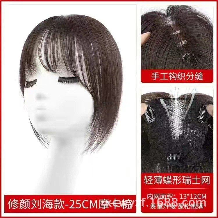 かつらの女性の頭の上で髪の毛を補います。白髪の大きな蝶々ネットの手織りは全部の人の髪を縫います。|undefined