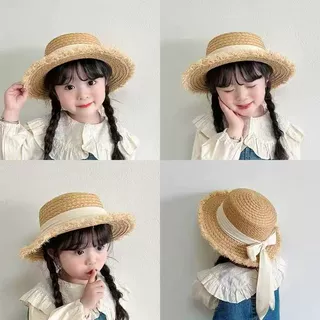 手工拉菲草儿童草帽夏季出游遮阳防晒女可爱时尚毛边蝴蝶结ins风