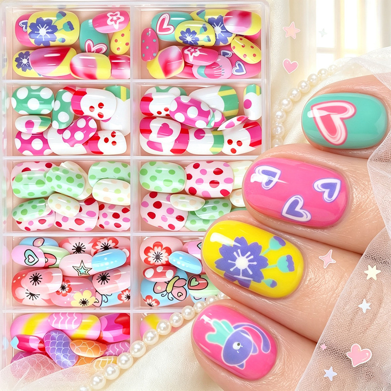120-piece boxed macaron-colored children's finished press-on nails, cute butterfly, star, and floral short square and round nail pieces 120-piece boxed macaron-colored children's finished press-on nails, cute butterfly, star, and floral short square and round nail pieces