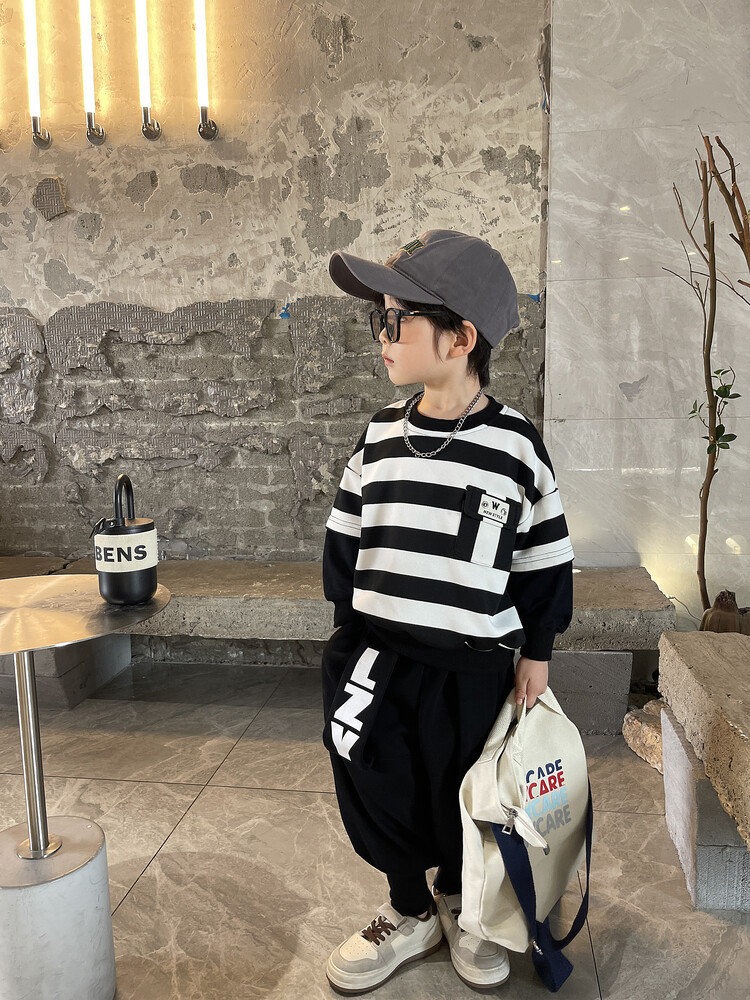 Suéteres de rayas para niños, botas, pantalones, ropa de primavera y otoño, nuevo conjunto de dos piezas moderno y moderno para niños,_voghion.com