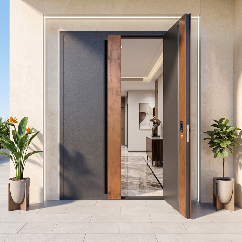 Villa cast aluminum double-opening entrance door, modern minimalist dark gray copper strip armored door with smart lock for self-built homes