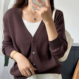 100纯棉针织开衫V领简约纯色短款外套长袖韩版宽松外搭上衣女装潮