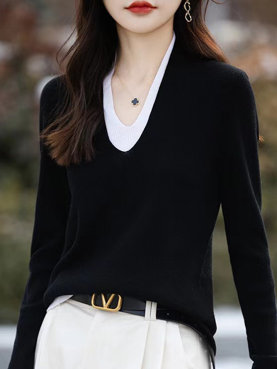哥家商场同款女装2025秋季内搭显瘦假两件设计感撞色针织打底衫|undefined