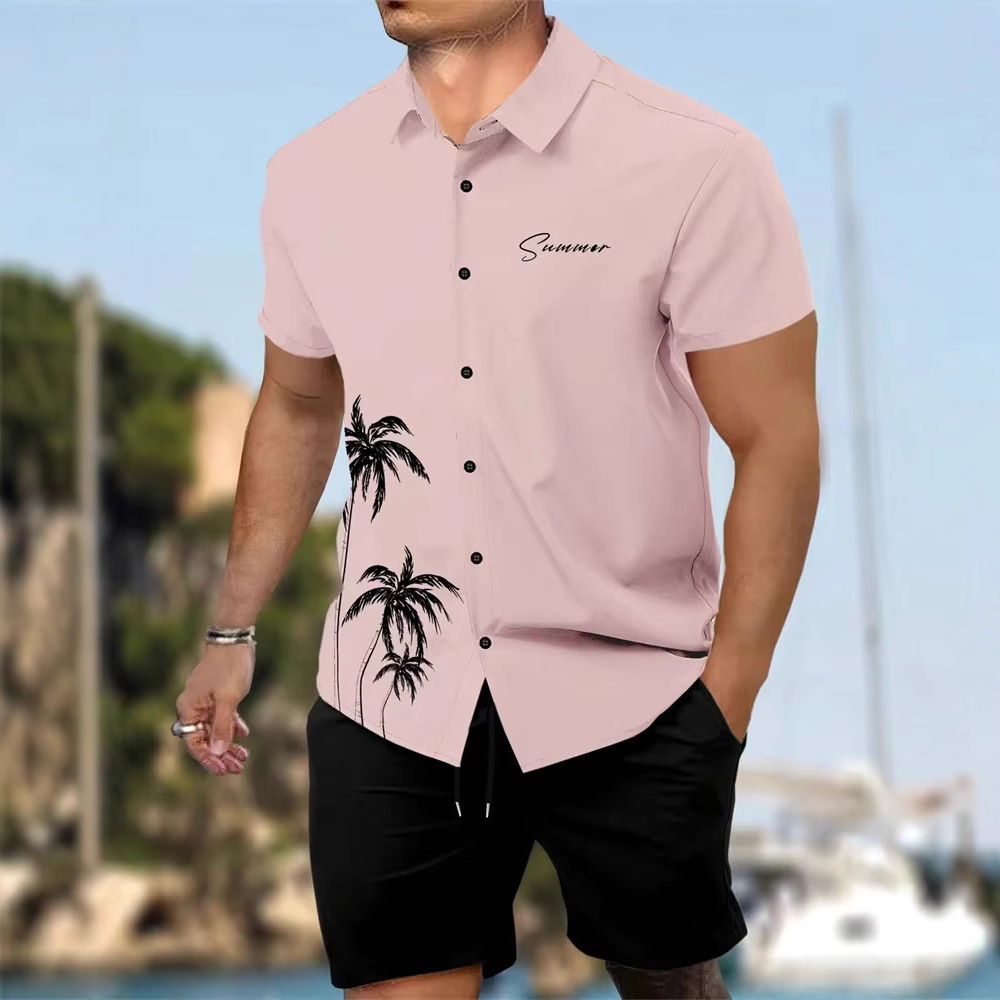 크로스 국경 AliExpress 남자의 새로운 패션 하와이 짧은 소매 반바지 비치 스타일 캐주얼 프린트 셔츠 세트 남성