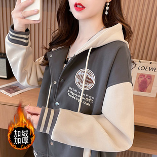 Cross-border Colored Baseball Suit Women's Autumn and Winter fleece-lined Thickened Lazy Style Small Hooded Cardigan Sweater Coat Women