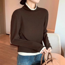 秋冬季新款假两件设计感撞色上衣长袖t恤女装德绒保暖高领打底衫