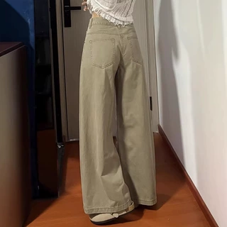 小个子卡其色阔腿垂感牛仔裤女春秋新款高腰显瘦直筒裤拖地裤