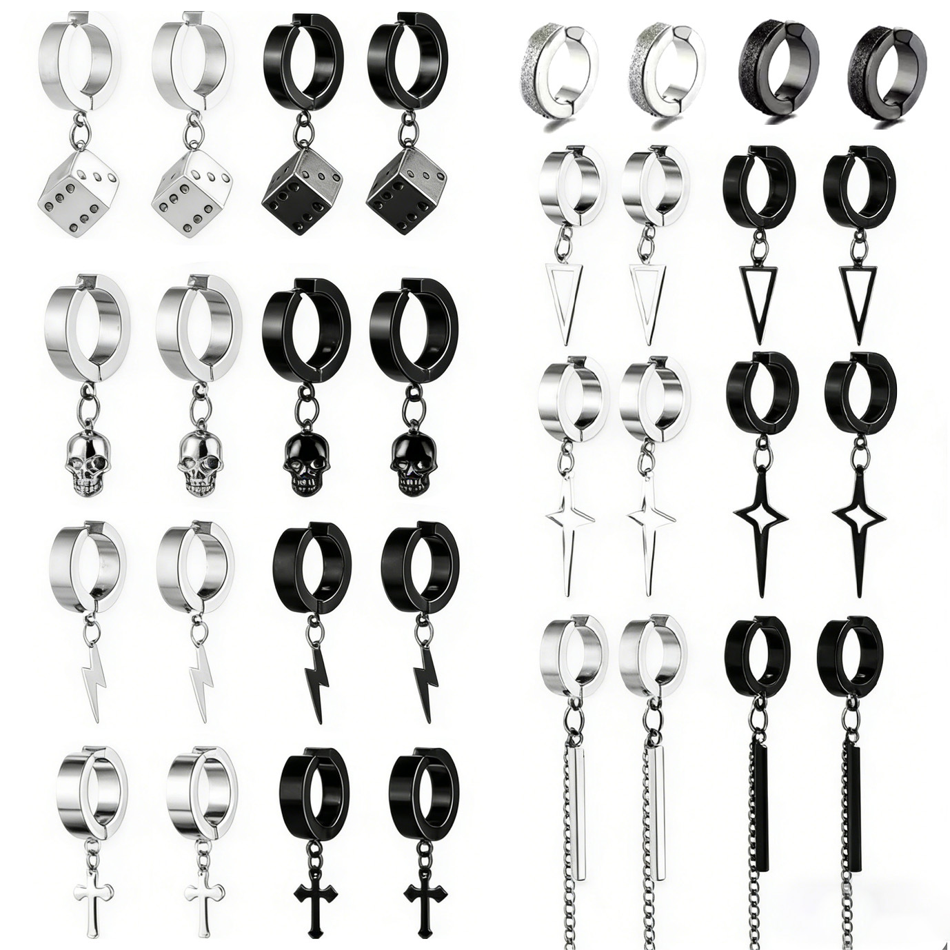 Cross-Border Popular Stainless Steel Ear Clips for Men Without Ear Piercings, Ear Bone Clips, Triangle Star Dice Skull Lightning Cross Set
