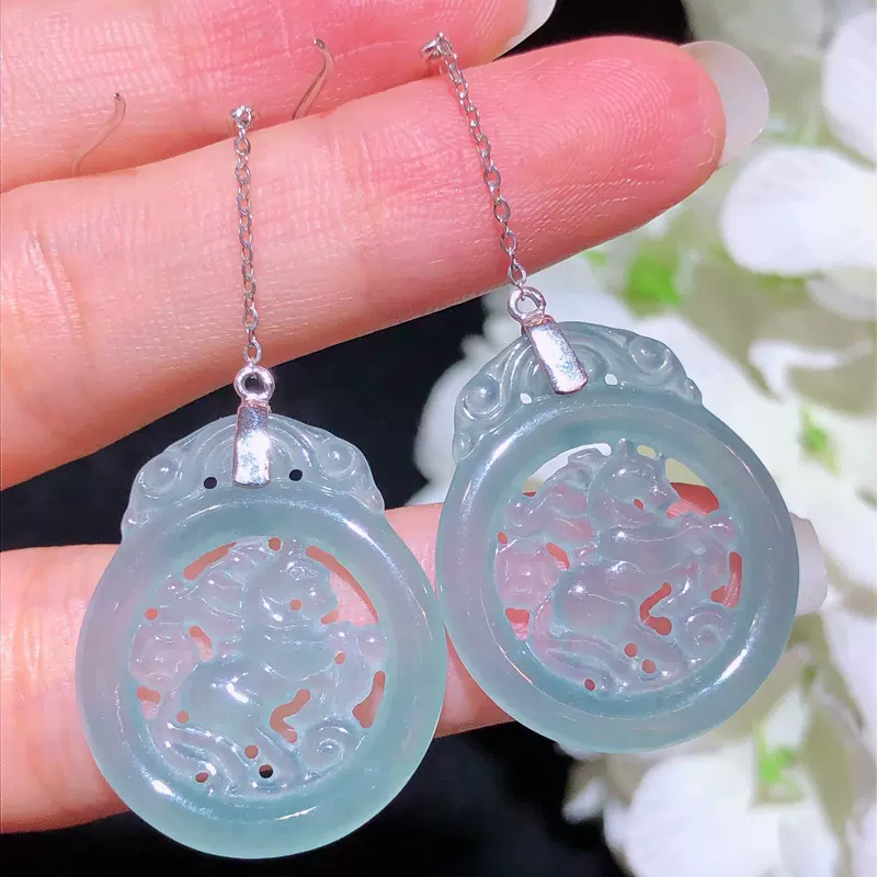 翡翠耳饰 18k金镶嵌 水润色艳 天空蓝马到成功耳坠玉耳饰配证书