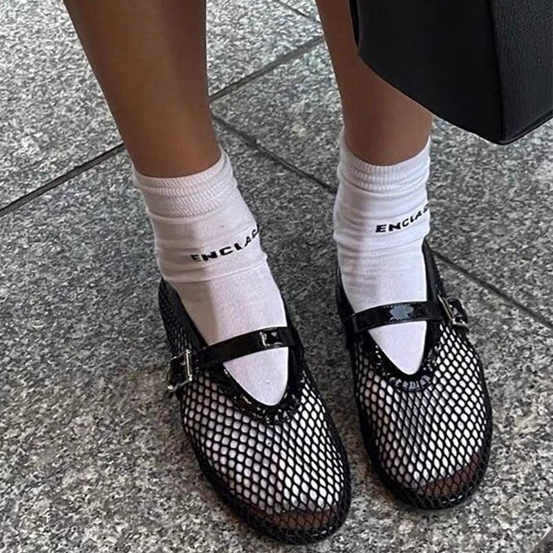 Cowhide Version Round Head Niche Fish Mesh Hollow Ballet Shoes Women's New Fashionable Simple Flat Belt Buckle Shoes Cowhide Version Round Head Niche Fish Mesh Hollow Ballet Shoes Women's New Fashionable Simple Flat Belt Buckle Shoes