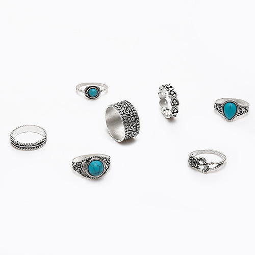 AliExpress best-selling jewelry cross-border fashion bohemian style turquoise rose totem 7-piece ring set for women