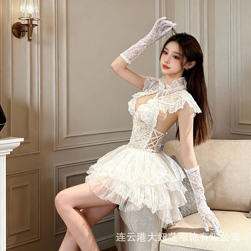 Sexy Lingerie Lace Bodysuit Pure Desire See-Through Retro Uniform Qqny Flirty Wedding Dress Women's Set
