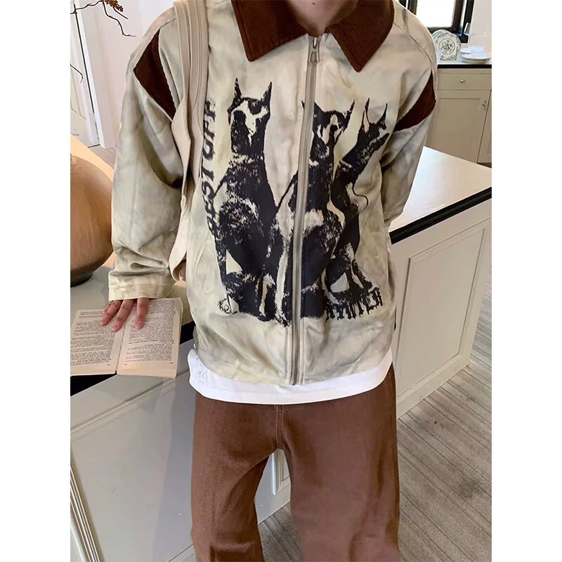 American Retro Distressed Wasteland Style Work Jacket Men's Spring and Autum Trendy Brand Loose Tie-Dye Printed Couple Jacket