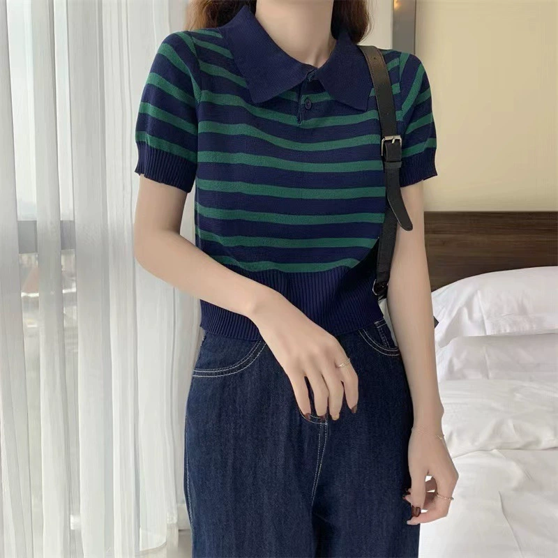 Женская футболка с короткими рукавами, летний сладкий тонкий вязаный топ на правое плечо в полоску, трендовый