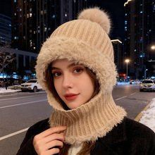 冬天帽子女款加绒保暖毛线针织帽户外骑行围巾一体防风护耳套头帽