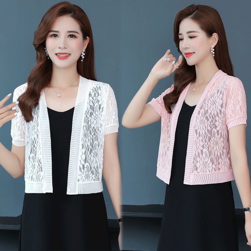 Summer Women's Thin Short-sleeved Lace Small Shawl with Skirt Cardigan Outer Hollow Short Coat Sunscreen All-match ins