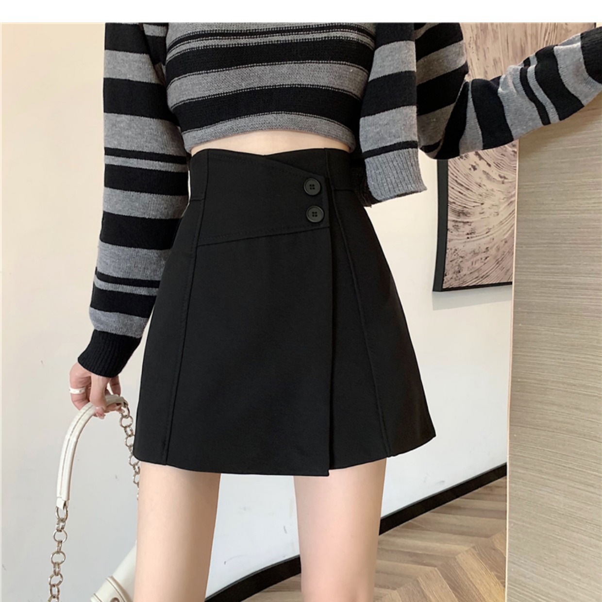 High-end design sense niche black A- line small ins loose wide-leg pants waist seal all-match skirt