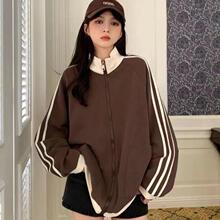 美拉德拼接立领卫衣外套女2025春秋宽松中长款拉链棒球服运动上衣