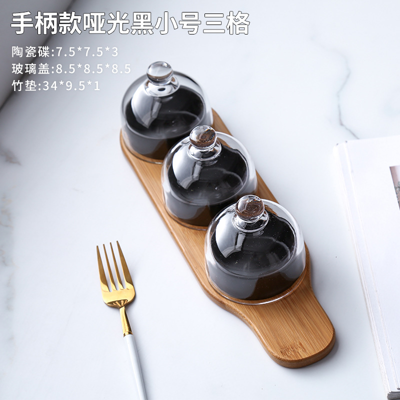 Plato de bocadillos de cerámica creativo con cubierta de vidrio, té de la tarde, postre, tazón de horneado, plato de refrigerio casero, plato de fruta seca